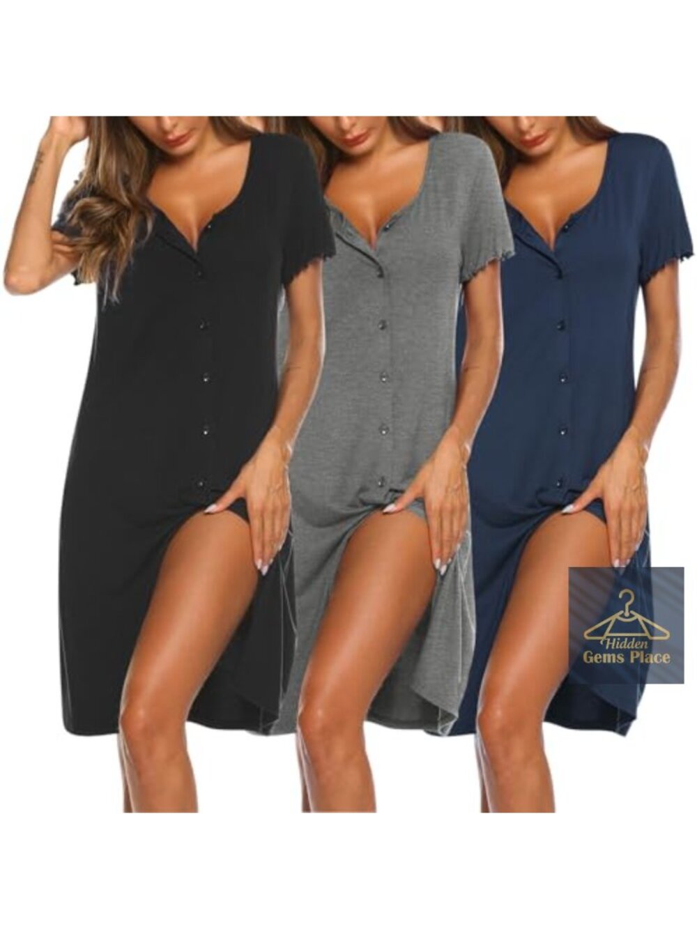 Ekouaer 3 Pack Women's Button Down Nightgowns Short Sleeve Sleepshirts
